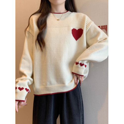 圓領套頭愛心刺綉慵懶風加絨加厚毛衣女秋冬大碼遮肚顯瘦針織上衣