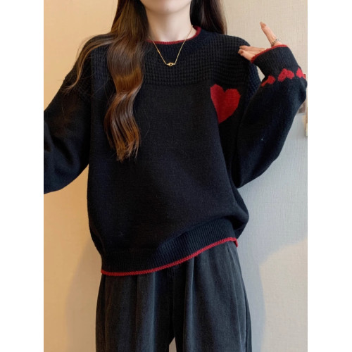 圓領套頭愛心刺綉慵懶風加絨加厚毛衣女秋冬大碼遮肚顯瘦針織上衣