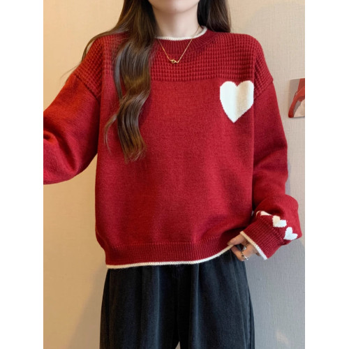 圓領套頭愛心刺綉慵懶風加絨加厚毛衣女秋冬大碼遮肚顯瘦針織上衣