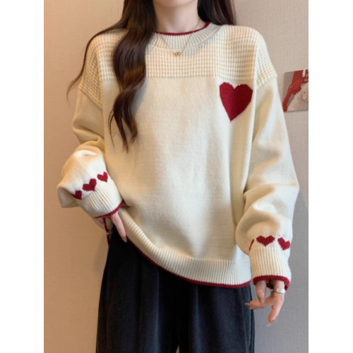 圓領套頭愛心刺綉慵懶風加絨加厚毛衣女秋冬大碼遮肚顯瘦針織上衣