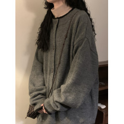 NAGA自製美式復古純色慵懶風休閒百搭圓領針織開衫毛衣簡約外套女