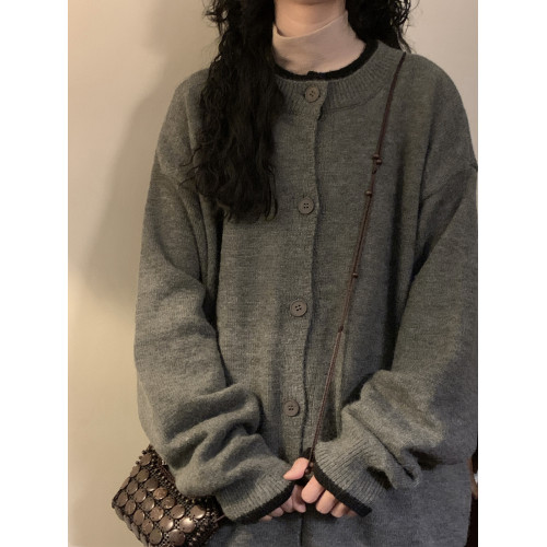 NAGA自製美式復古純色慵懶風休閒百搭圓領針織開衫毛衣簡約外套女