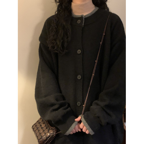 NAGA自製美式復古純色慵懶風休閒百搭圓領針織開衫毛衣簡約外套女