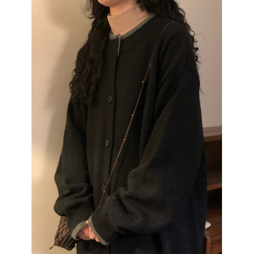 NAGA自製美式復古純色慵懶風休閒百搭圓領針織開衫毛衣簡約外套女