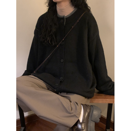 NAGA自製美式復古純色慵懶風休閒百搭圓領針織開衫毛衣簡約外套女