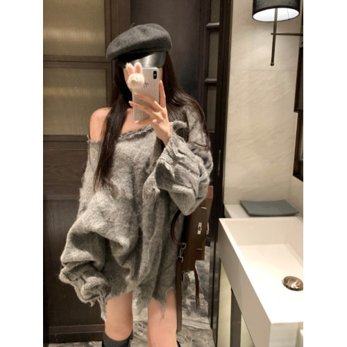 破洞麻花灰色毛衣女秋冬新款設計感小衆寬松外穿慵懶風針織衫上衣