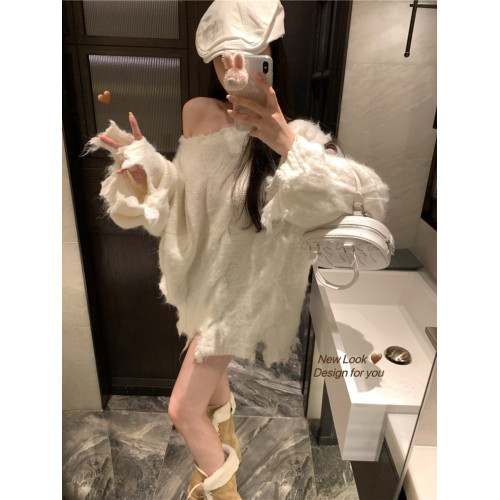 破洞麻花灰色毛衣女秋冬新款設計感小衆寬松外穿慵懶風針織衫上衣