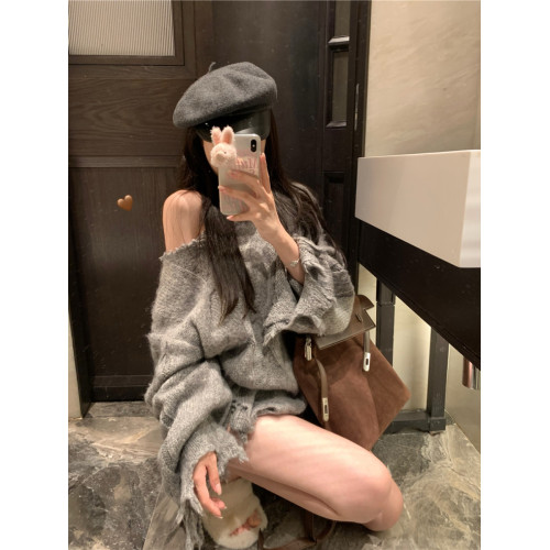 破洞麻花灰色毛衣女秋冬新款設計感小衆寬松外穿慵懶風針織衫上衣