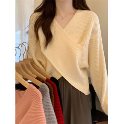 法式別致交叉v領毛衣女秋季寬松慵懶風軟糯內搭上衣打底針織衫潮