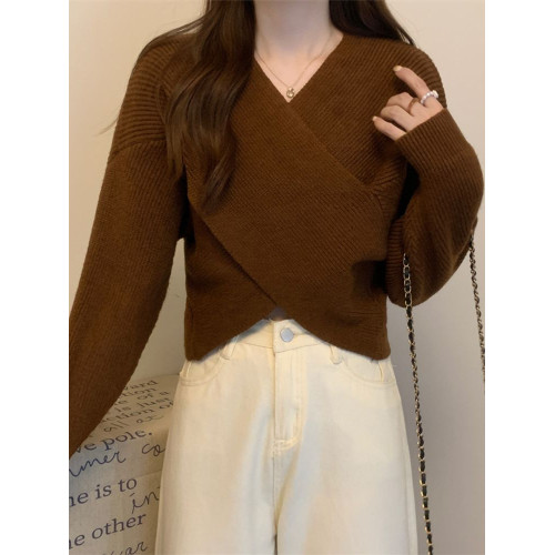 法式別致交叉v領毛衣女秋季寬松慵懶風軟糯內搭上衣打底針織衫潮