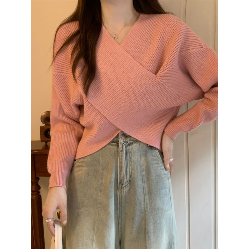 法式別致交叉v領毛衣女秋季寬松慵懶風軟糯內搭上衣打底針織衫潮