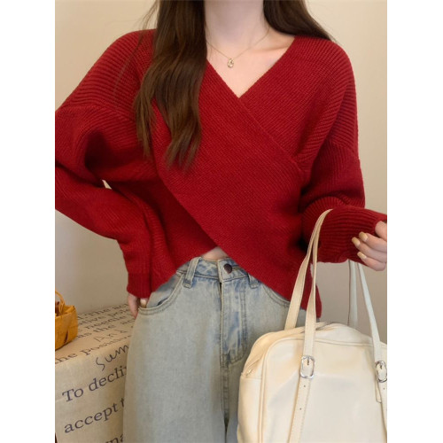 法式別致交叉v領毛衣女秋季寬松慵懶風軟糯內搭上衣打底針織衫潮