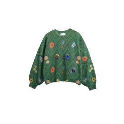 水草不鹹Dannn 草地綠色花朵燈籠袖針織慵懶軟軟糯糯秋冬毛衣女