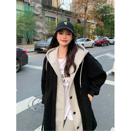 超大碼300斤仿羊羔絨拼接開衫外套女胖mm秋冬季寬松假兩件長裙子2