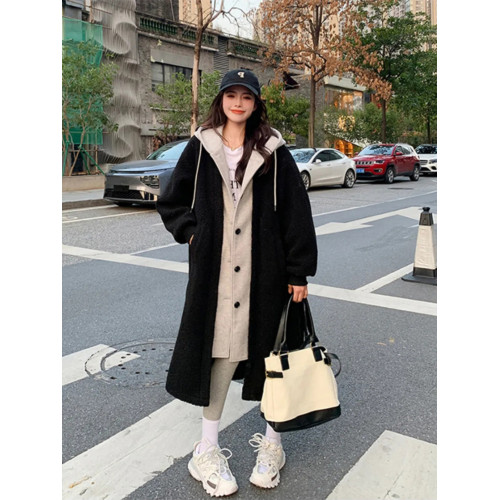 超大碼300斤仿羊羔絨拼接開衫外套女胖mm秋冬季寬松假兩件長裙子2