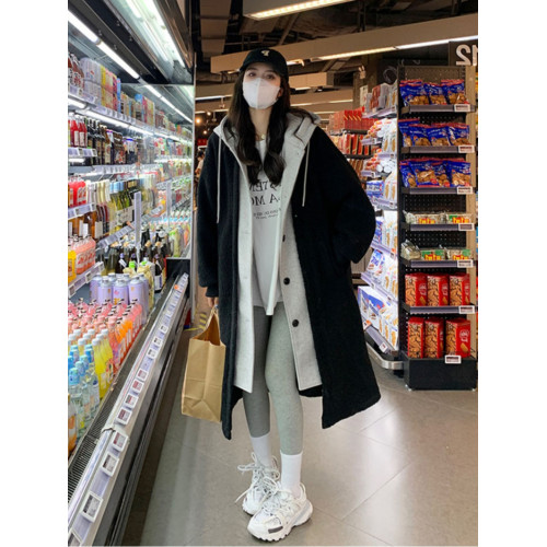 超大碼300斤仿羊羔絨拼接開衫外套女胖mm秋冬季寬松假兩件長裙子2