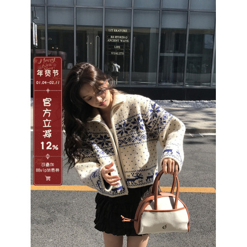 馨幫幫 日系古著感重工立領拉鍊針織開衫雪花刺綉毛衣外套女秋冬
