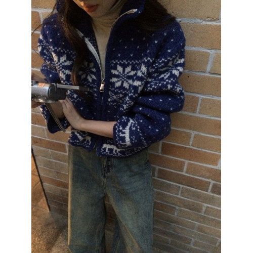 馨幫幫 日系古著感重工立領拉鍊針織開衫雪花刺綉毛衣外套女秋冬