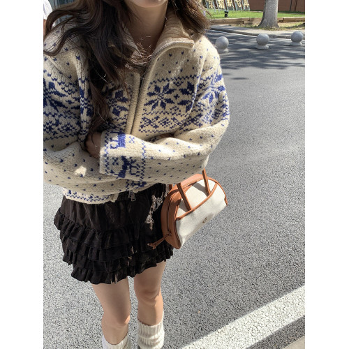 馨幫幫 日系古著感重工立領拉鍊針織開衫雪花刺綉毛衣外套女秋冬