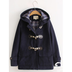 秋冬新款學生連帽學院風藏青色外套女加厚夾棉牛角釦毛呢外套大衣