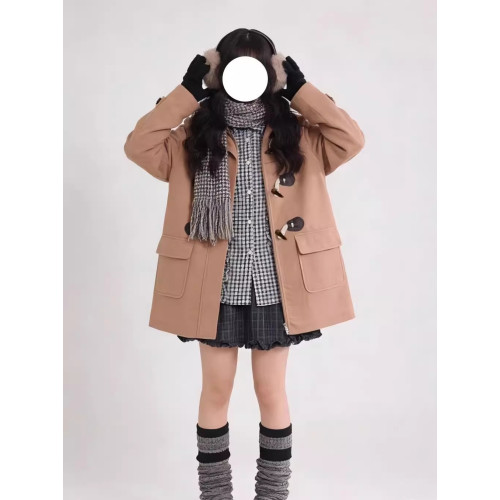 秋冬新款學生連帽學院風藏青色外套女加厚夾棉牛角釦毛呢外套大衣