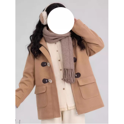 秋冬新款學生連帽學院風藏青色外套女加厚夾棉牛角釦毛呢外套大衣