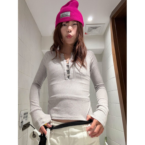 法式復古亨利領針織衫女秋季珍珠修身內搭長袖打底衫露肩性感上衣