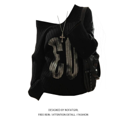 大碼胖MM美式辣妹露肩針織毛衣女秋季新款字母印花慵懶風甜酷上衣