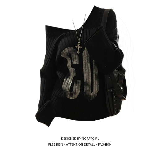 大碼胖MM美式辣妹露肩針織毛衣女秋季新款字母印花慵懶風甜酷上衣