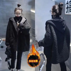 羊羔絨外套女秋冬時尚新款拼接假兩件衛衣連帽寬松百搭大碼呢大衣
