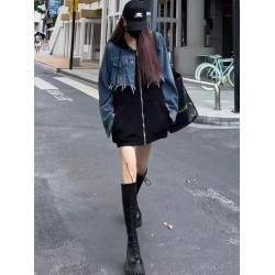 歐貨2025年秋冬長袖設計感重工水洗牛仔拼接中長款寬松連帽衛衣女