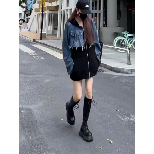 歐貨2025年秋冬長袖設計感重工水洗牛仔拼接中長款寬松連帽衛衣女 歐貨2025年秋冬長袖設計感重工水洗牛仔拼接中長款寬松連帽衛衣女