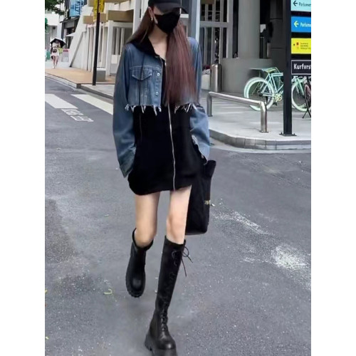 歐貨2025年秋冬長袖設計感重工水洗牛仔拼接中長款寬松連帽衛衣女 歐貨2025年秋冬長袖設計感重工水洗牛仔拼接中長款寬松連帽衛衣女