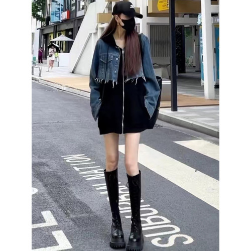 歐貨2025年秋冬長袖設計感重工水洗牛仔拼接中長款寬松連帽衛衣女 歐貨2025年秋冬長袖設計感重工水洗牛仔拼接中長款寬松連帽衛衣女