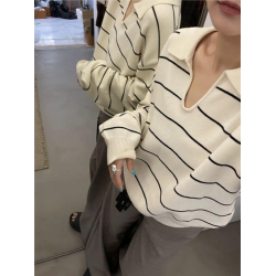 韓式慵懶風V領條紋針織衫女秋冬Polo領撞色寬松長袖毛衣打底上衣