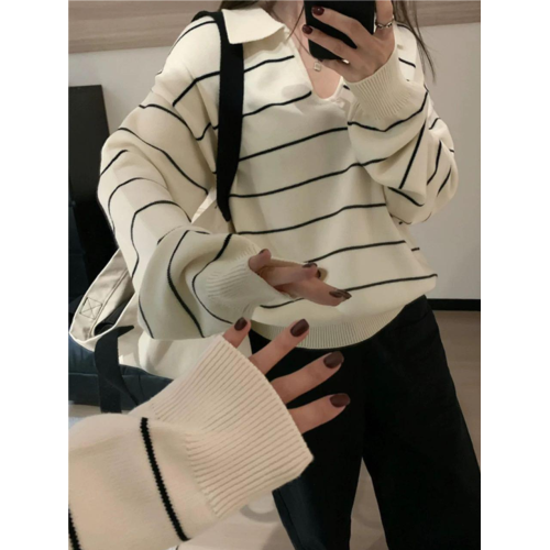 韓式慵懶風V領條紋針織衫女秋冬Polo領撞色寬松長袖毛衣打底上衣 韓式慵懶風V領條紋針織衫女秋冬Polo領撞色寬松長袖毛衣打底上衣