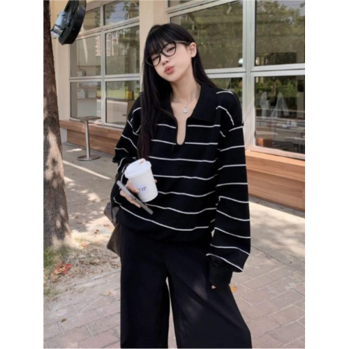 韓式慵懶風V領條紋針織衫女秋冬Polo領撞色寬松長袖毛衣打底上衣 韓式慵懶風V領條紋針織衫女秋冬Polo領撞色寬松長袖毛衣打底上衣