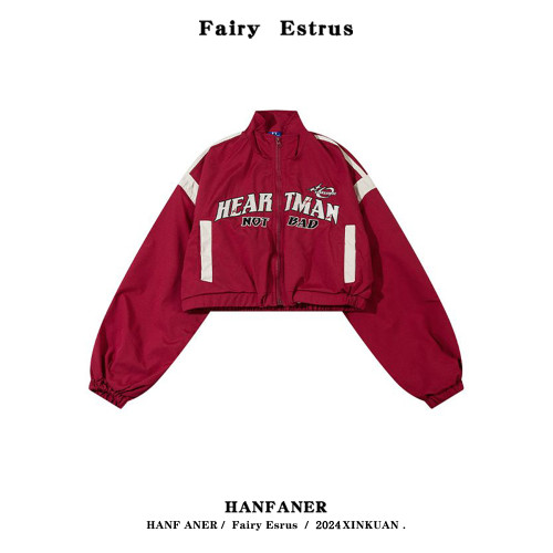 辣妹高街紅色短款風衣外套女秋季潮牌設計感高腰機車風棒球服上衣 辣妹高街紅色短款風衣外套女秋季潮牌設計感高腰機車風棒球服上衣