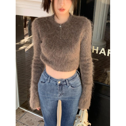 美拉德穿搭秋冬高腰短款馬海毛毛衣女設計感小衆別致辣妹內搭上衣