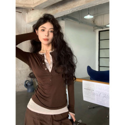 BaiYaShan/白婭衫 時尚休閒假兩件純色T恤女初秋百搭修身上衣ins