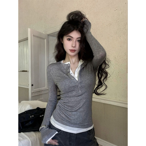 BaiYaShan/白婭衫 時尚休閒假兩件純色T恤女初秋百搭修身上衣ins