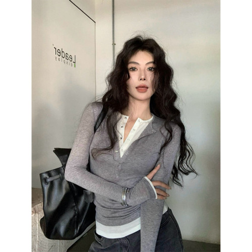 BaiYaShan/白婭衫 時尚休閒假兩件純色T恤女初秋百搭修身上衣ins