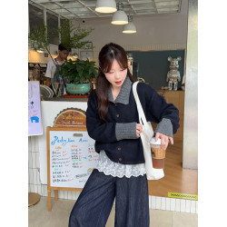 PPHOME藍色polo領條紋毛衣短外套女秋季韓系甜美寬松針織開衫上衣