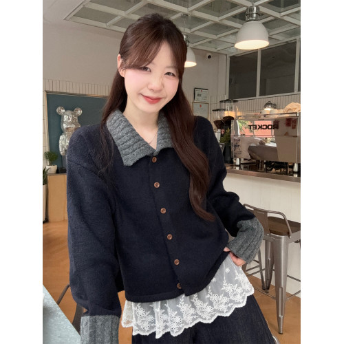 PPHOME藍色polo領條紋毛衣短外套女秋季韓系甜美寬松針織開衫上衣