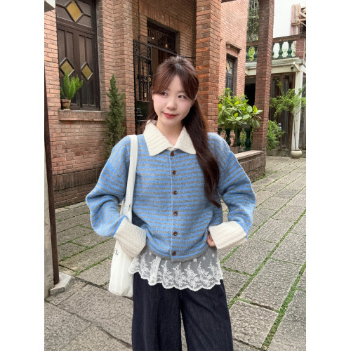 PPHOME藍色polo領條紋毛衣短外套女秋季韓系甜美寬松針織開衫上衣