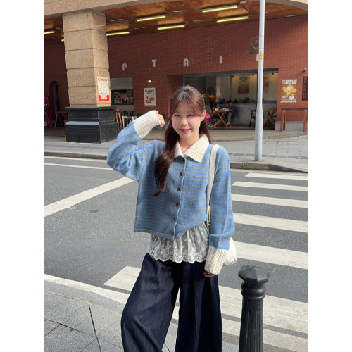 PPHOME藍色polo領條紋毛衣短外套女秋季韓系甜美寬松針織開衫上衣