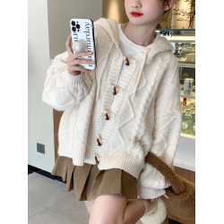 奶藍色牛角釦毛衣2025秋冬慵懶風軟糯連帽寬松小個子針織開衫外套