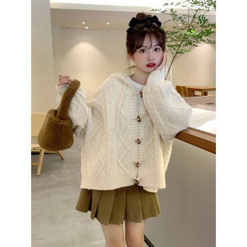 奶藍色牛角釦毛衣2025秋冬慵懶風軟糯連帽寬松小個子針織開衫外套