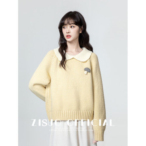黃色娃娃領毛衣女加厚2026秋冬新款設計感寬鬆撞色繙領針織衫上衣