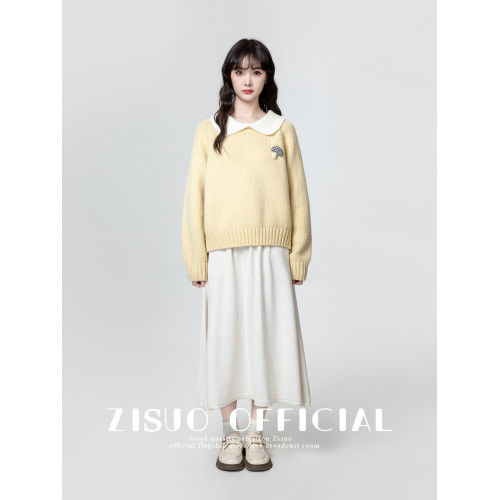 黃色娃娃領毛衣女加厚2026秋冬新款設計感寬鬆撞色繙領針織衫上衣